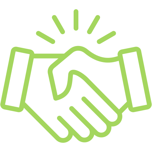 Handshake icon with green outline.