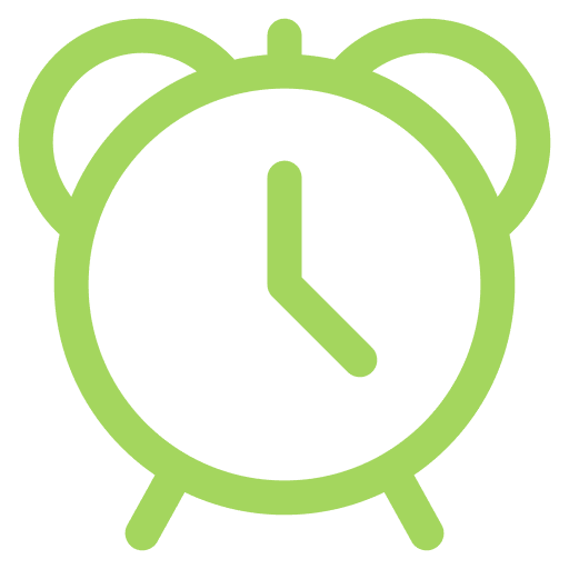 Green alarm clock icon on black background.